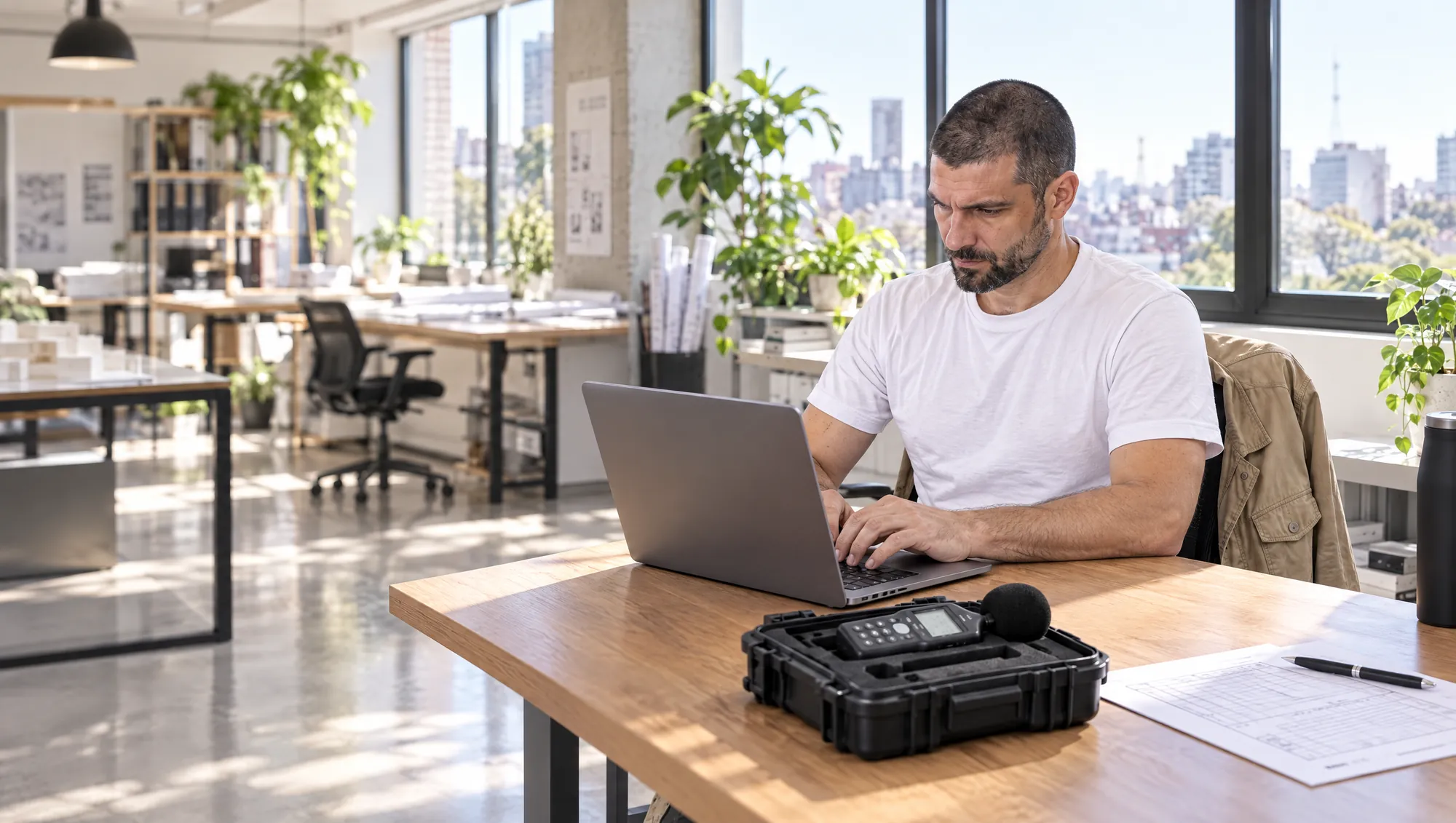 El especialista de Estudio TREO trabaja en la computadora en el estudio, con la valija del dosímetro abierta sobre el escritorio y la ciudad de fondo