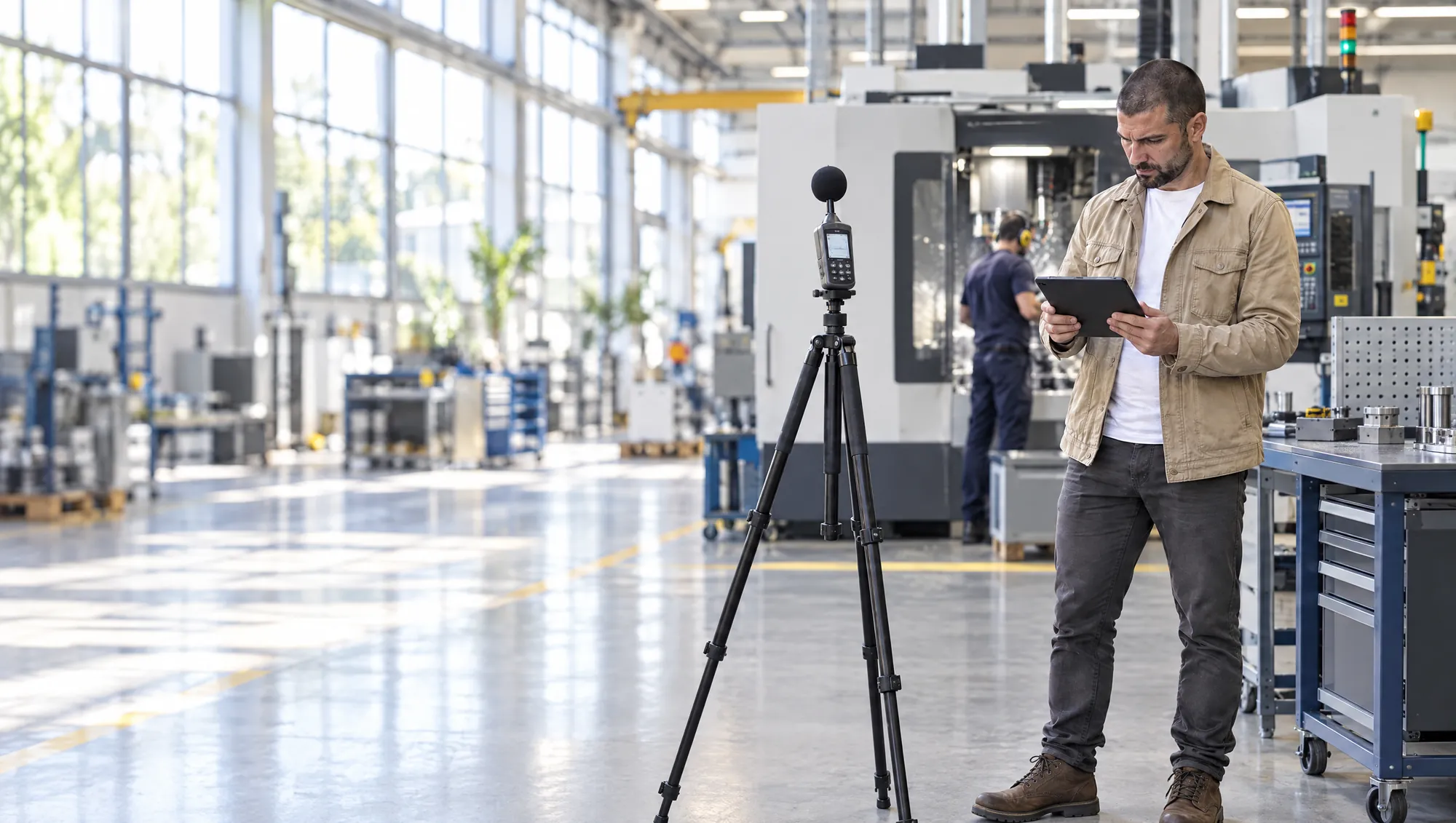 El sonómetro de Estudio TREO mide solo en su trípode junto a un puesto de una planta industrial, mientras el especialista lee los valores en la tablet y un operario con protectores trabaja al fondo