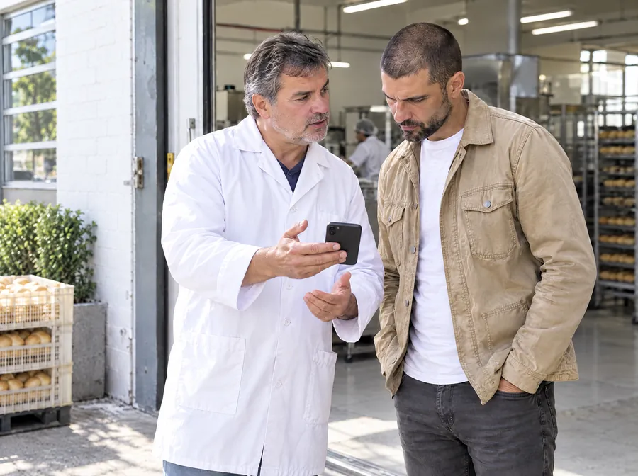 El dueño de una fábrica de alimentos le muestra en el celular al especialista de Estudio TREO el pedido que le mandó la ART